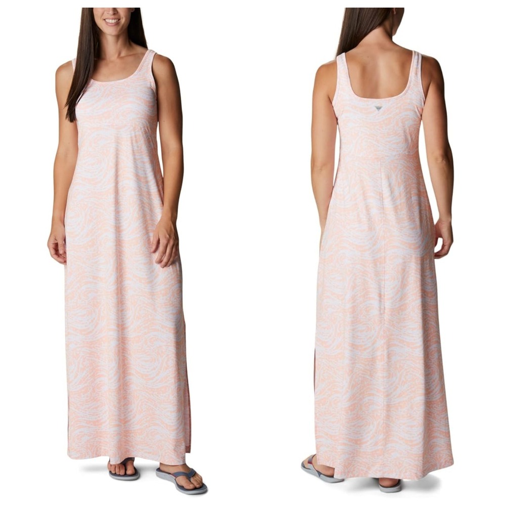 Columbia PFG Freezer Maxi Dress UPF 50 Tiki Pink Swirlscape Stretch Peach Large - Picture 1 of 16